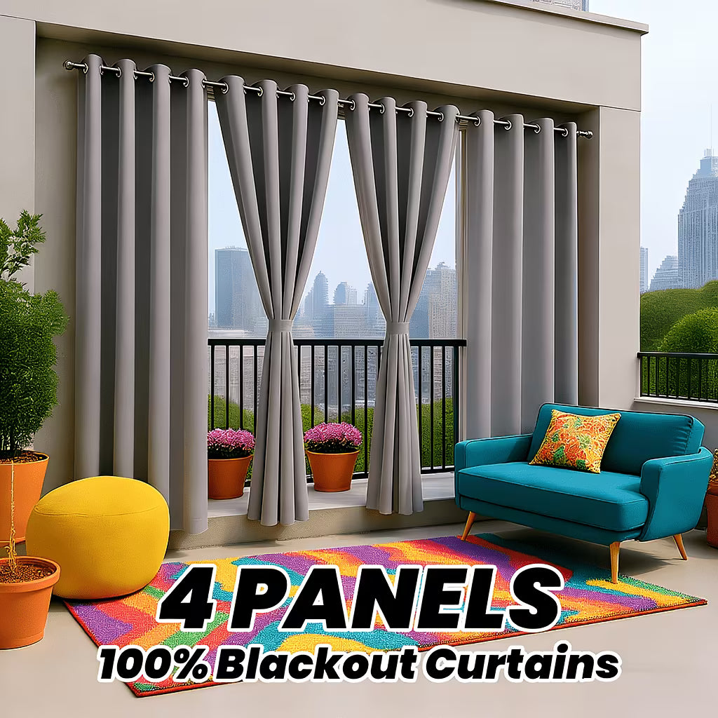 Outdoor patio with gray curtains, blue sofa, and colorful rug with text '4 Panels 100% Blackout Curtains'.