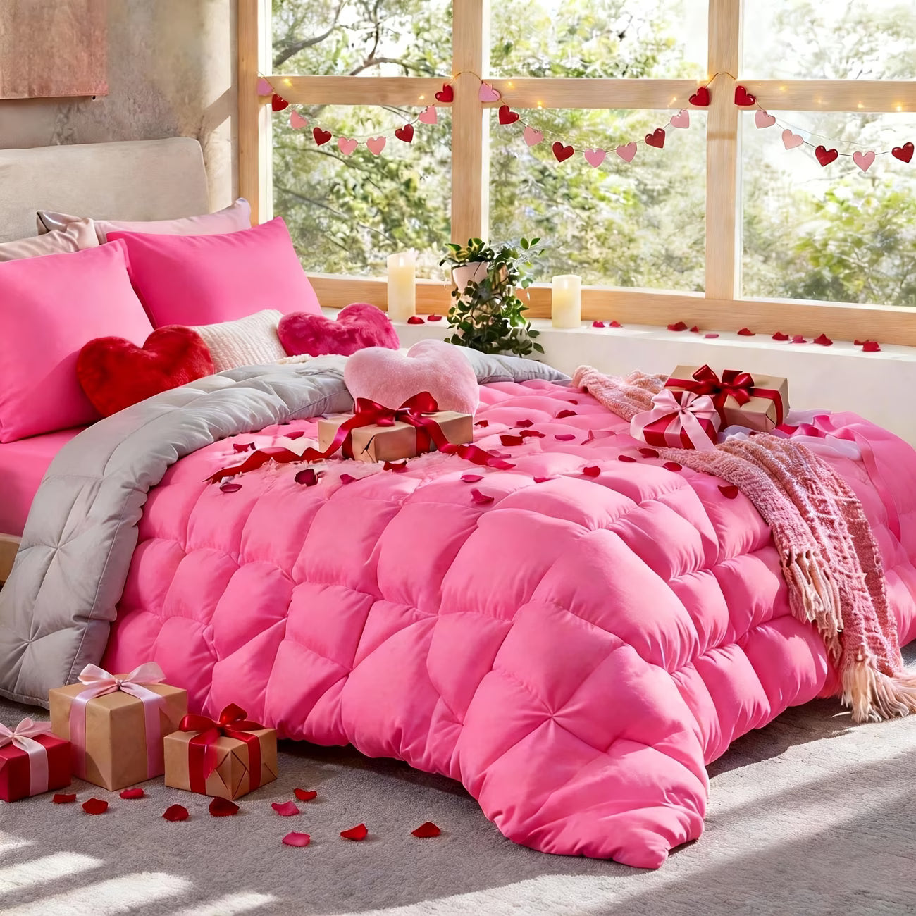 Bedroom with pink bedding, heart decorations, and gift boxes on a bed.