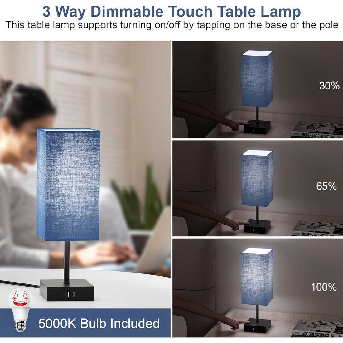 3-way dimmable touch table lamp with various settings shown, including a person using a laptop.