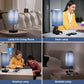 Collage of a blue table lamp used in various settings including living room, desk, reading, and bedside.