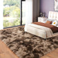 Modern bedroom with a fluffy brown rug, bed, and large window.