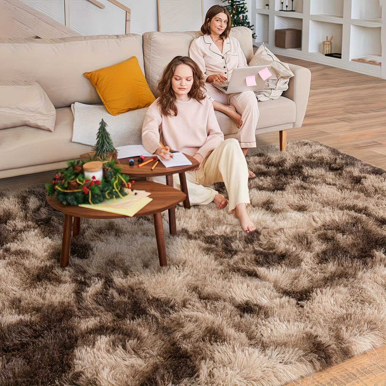 Two women sitting on a plush brown rug in a living room setting.