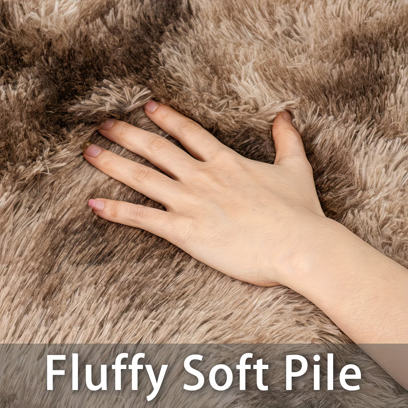Hand touching fluffy soft pile fabric with text 'Fluffy Soft Pile' at the bottom.