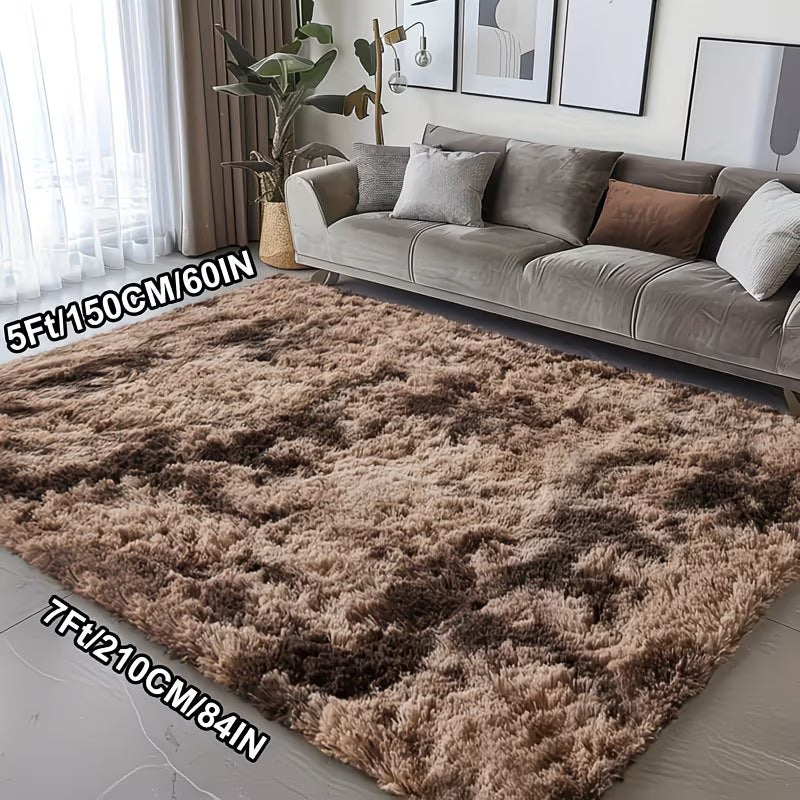 Brown shaggy rug in a living room with a sofa and decor elements.