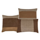 Three brown and beige patterned pillows on a white background
