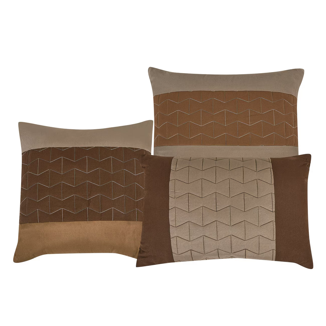 Three brown and beige patterned pillows on a white background