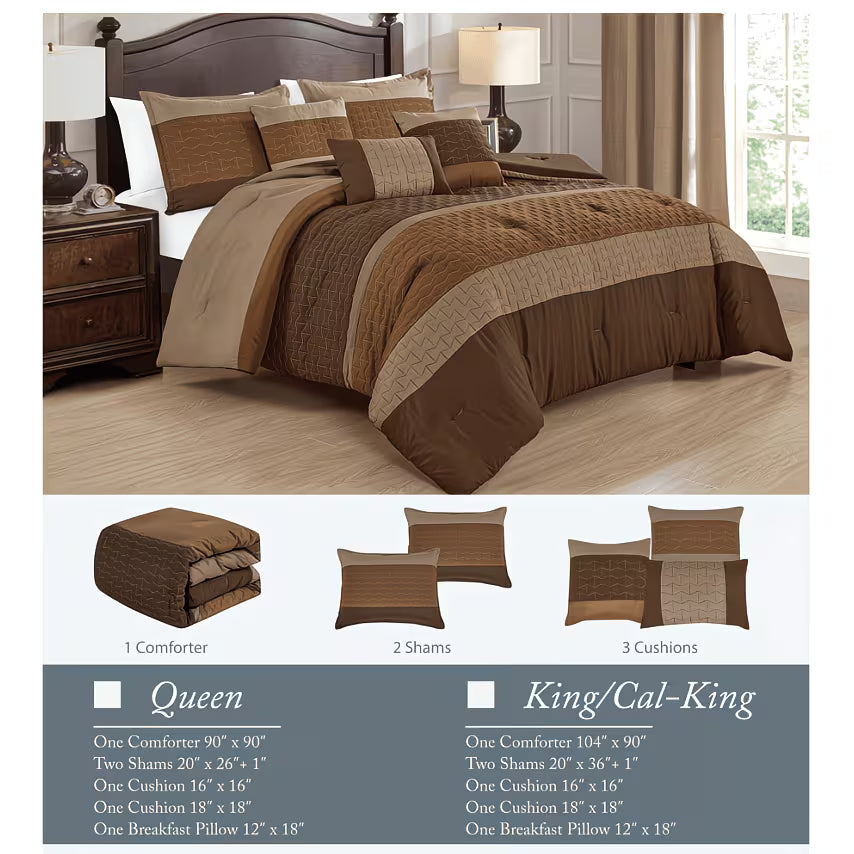 Brown and beige comforter set on a bed with dimensions displayed below.