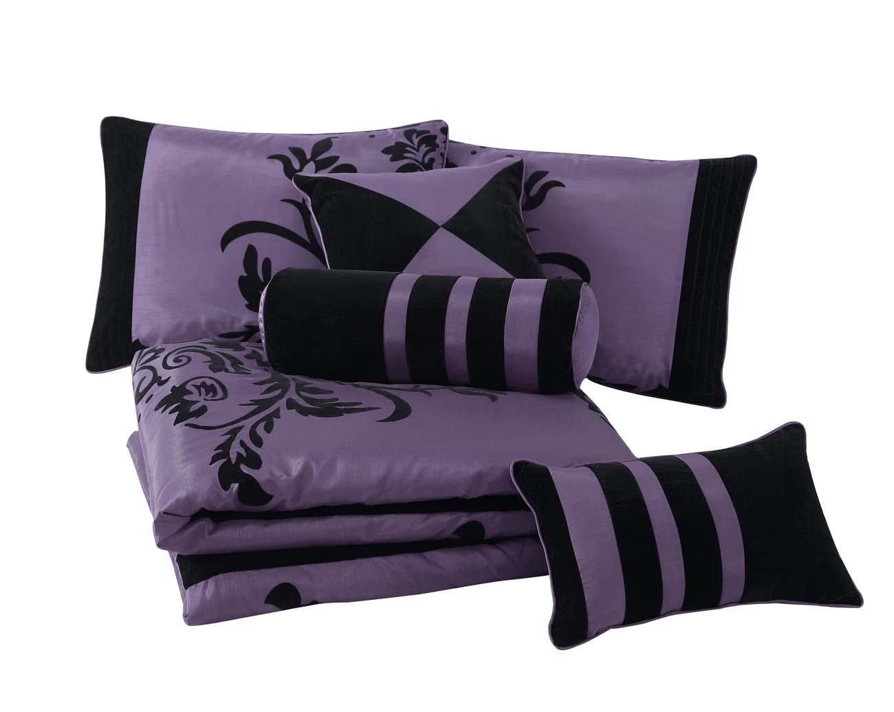 Purple and black bedding set with decorative pillows on a white background