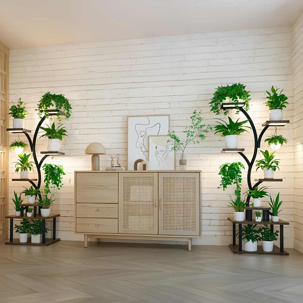 Modern interior with wooden cabinet and plant shelves against a white brick wall.