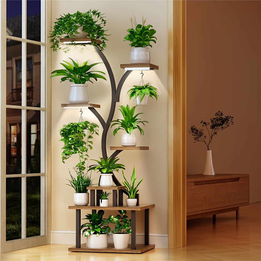 Decorative plant stand with multiple potted plants in a room setting.