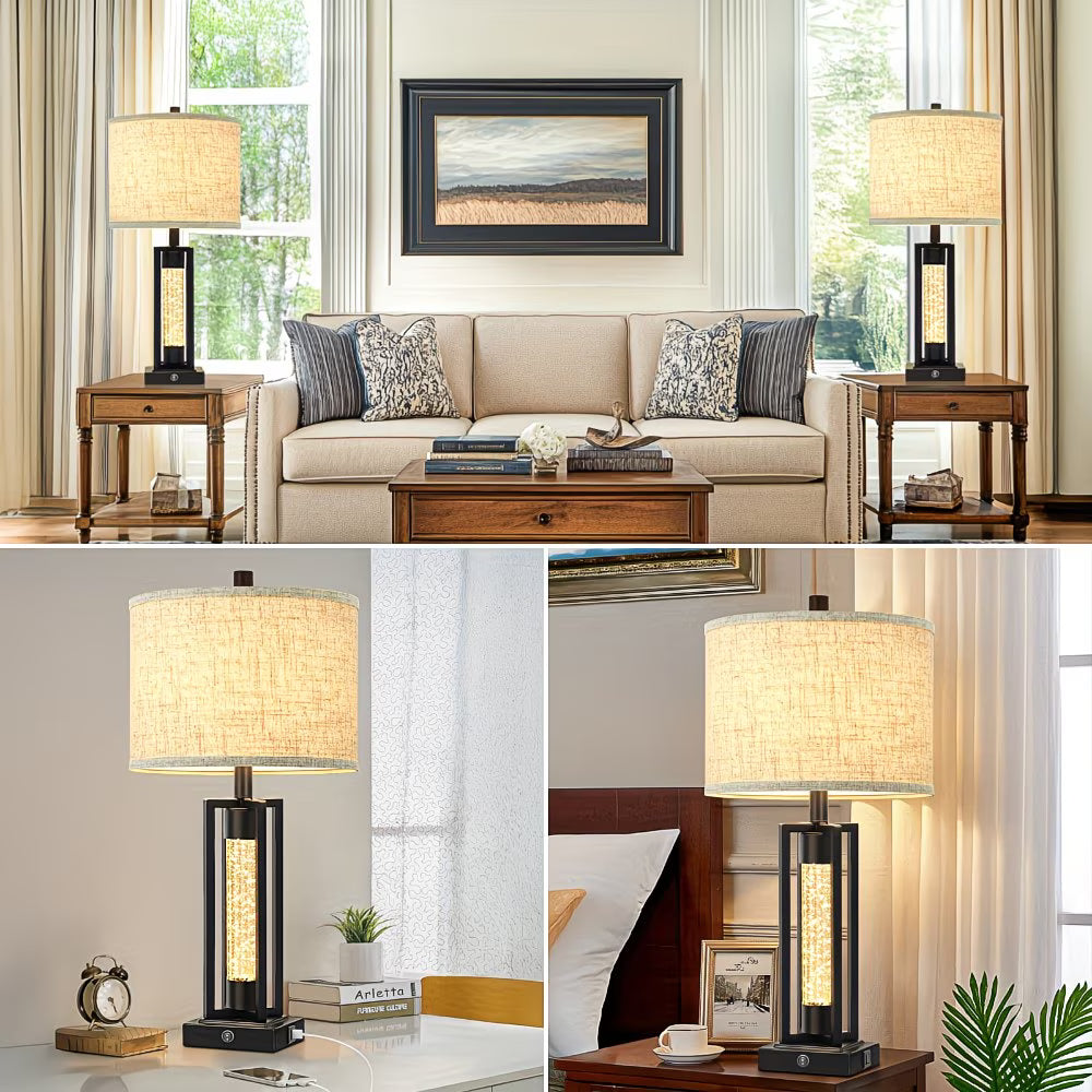 Collage of table lamps in various settings including a living room and bedroom.