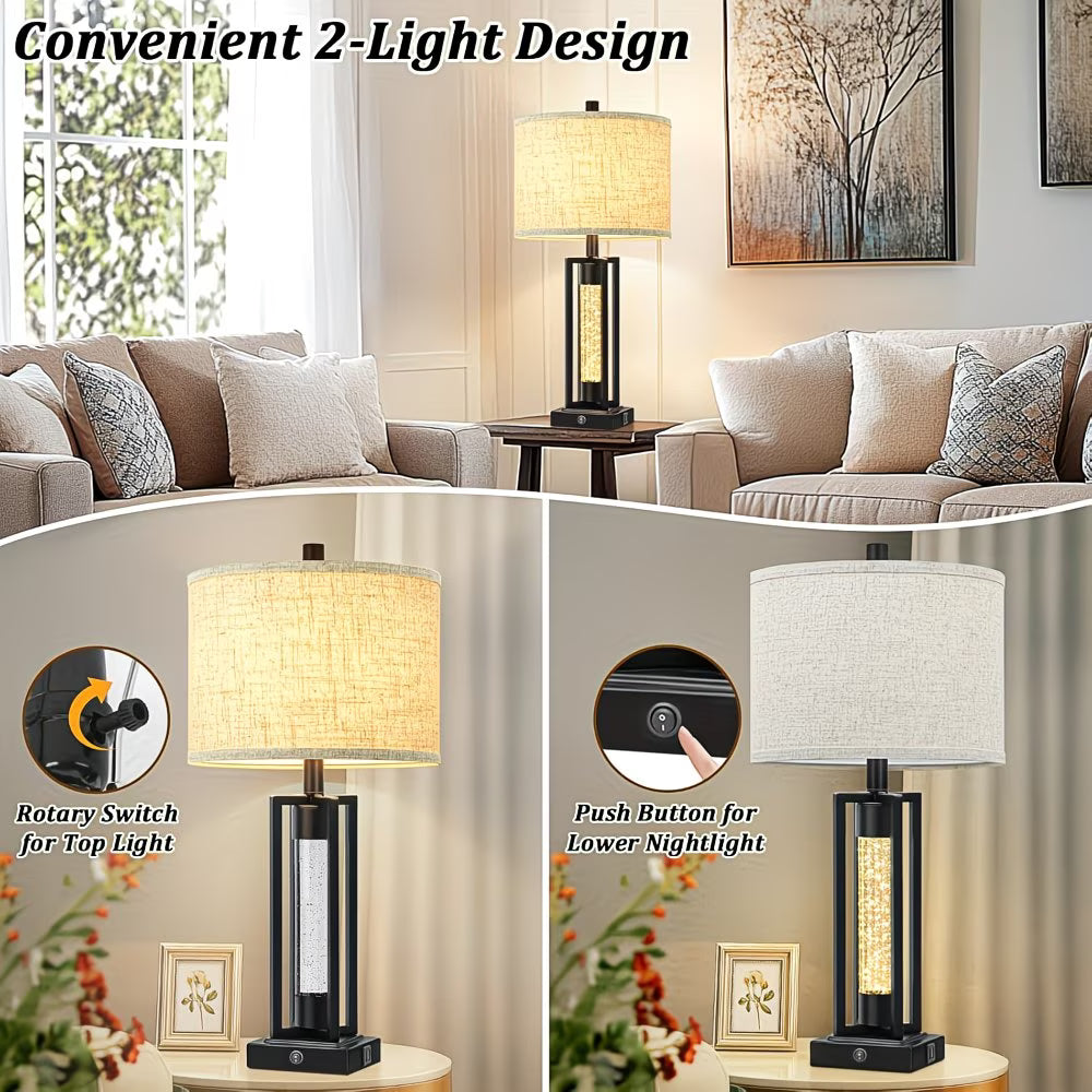 Two table lamps with different light settings in a living room setting.