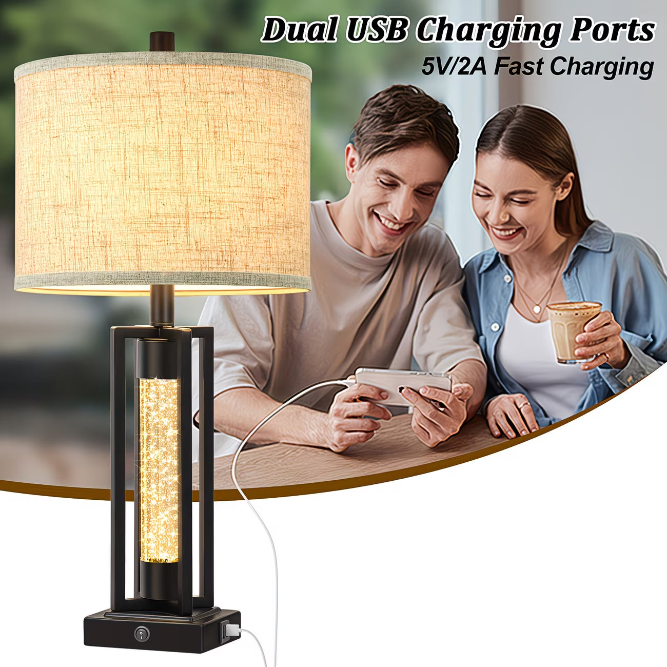 Table lamp with dual USB charging ports and text indicating fast charging capabilities, shown with a couple using a smartphone.