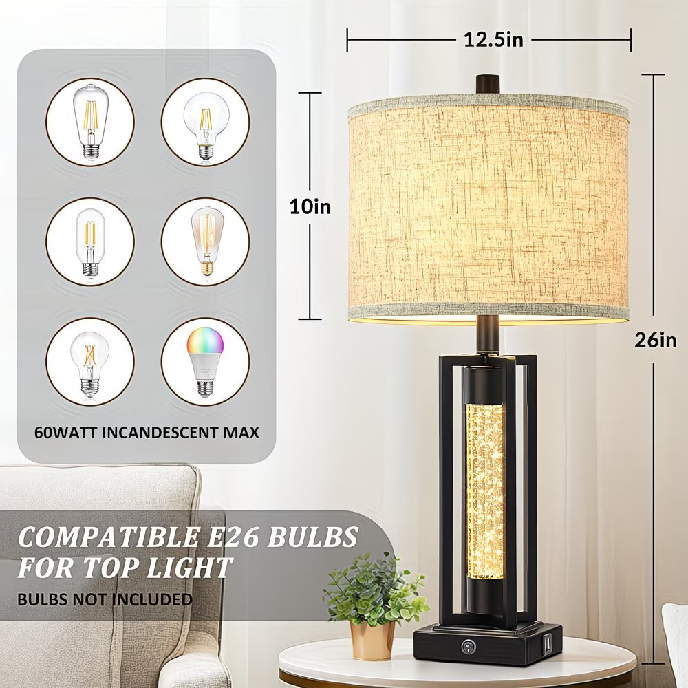 Table lamp with dimensions and bulb compatibility on a neutral background