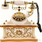 Vintage-style telephone with gold and white design on a white background
