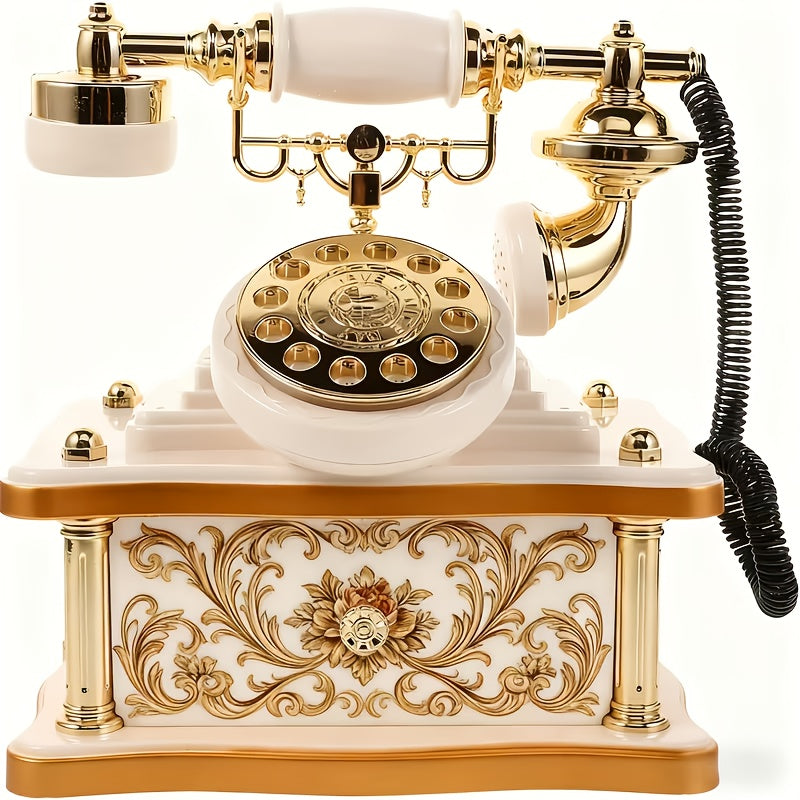 Vintage-style telephone with gold and white design on a white background