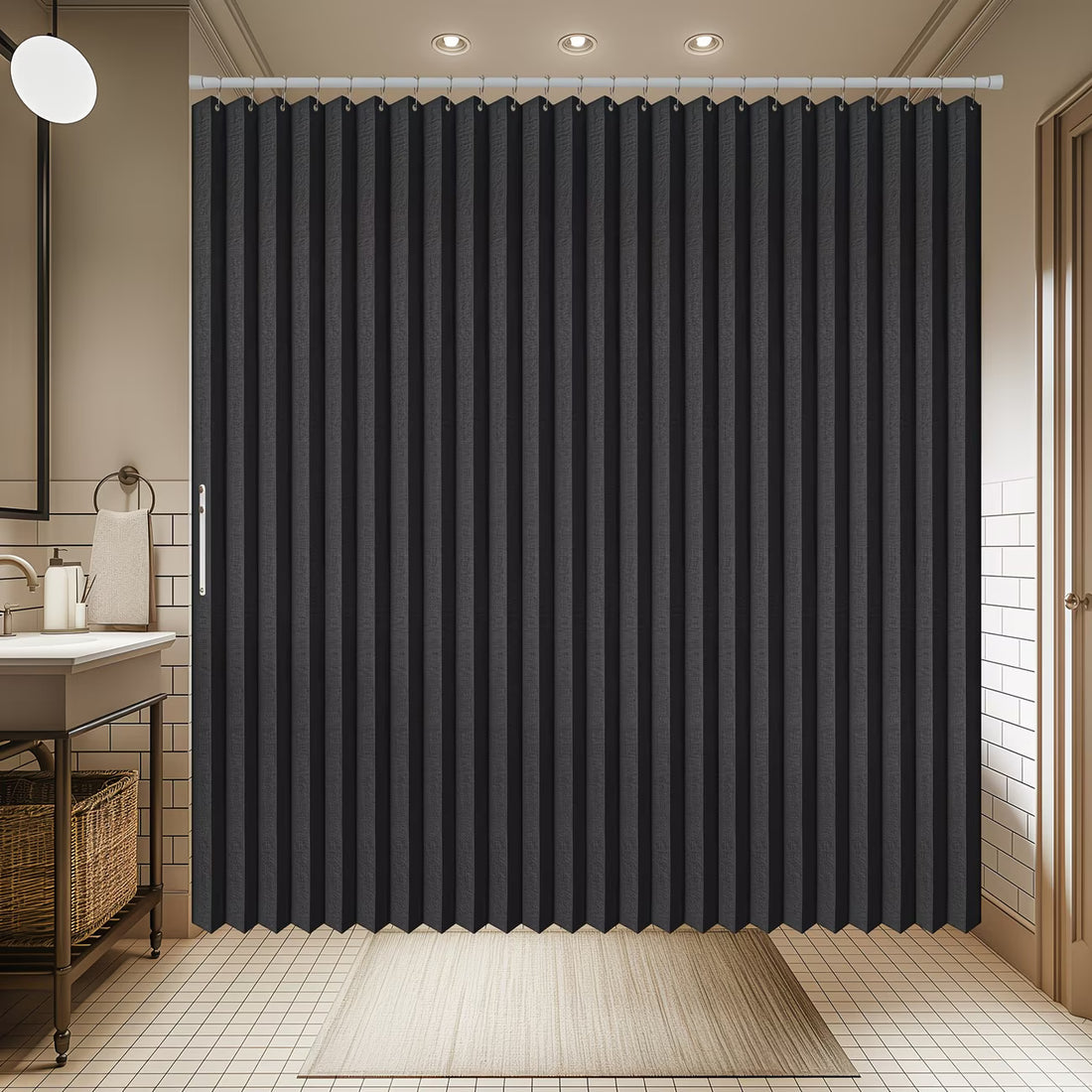 Black shower curtain in a bathroom setting with tiled walls and a sink.