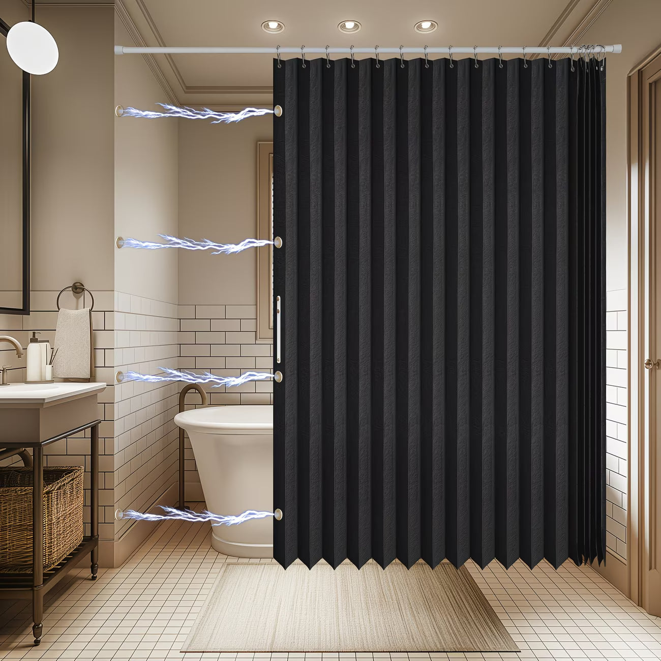 Black shower curtain in a bathroom setting with electrical effects.