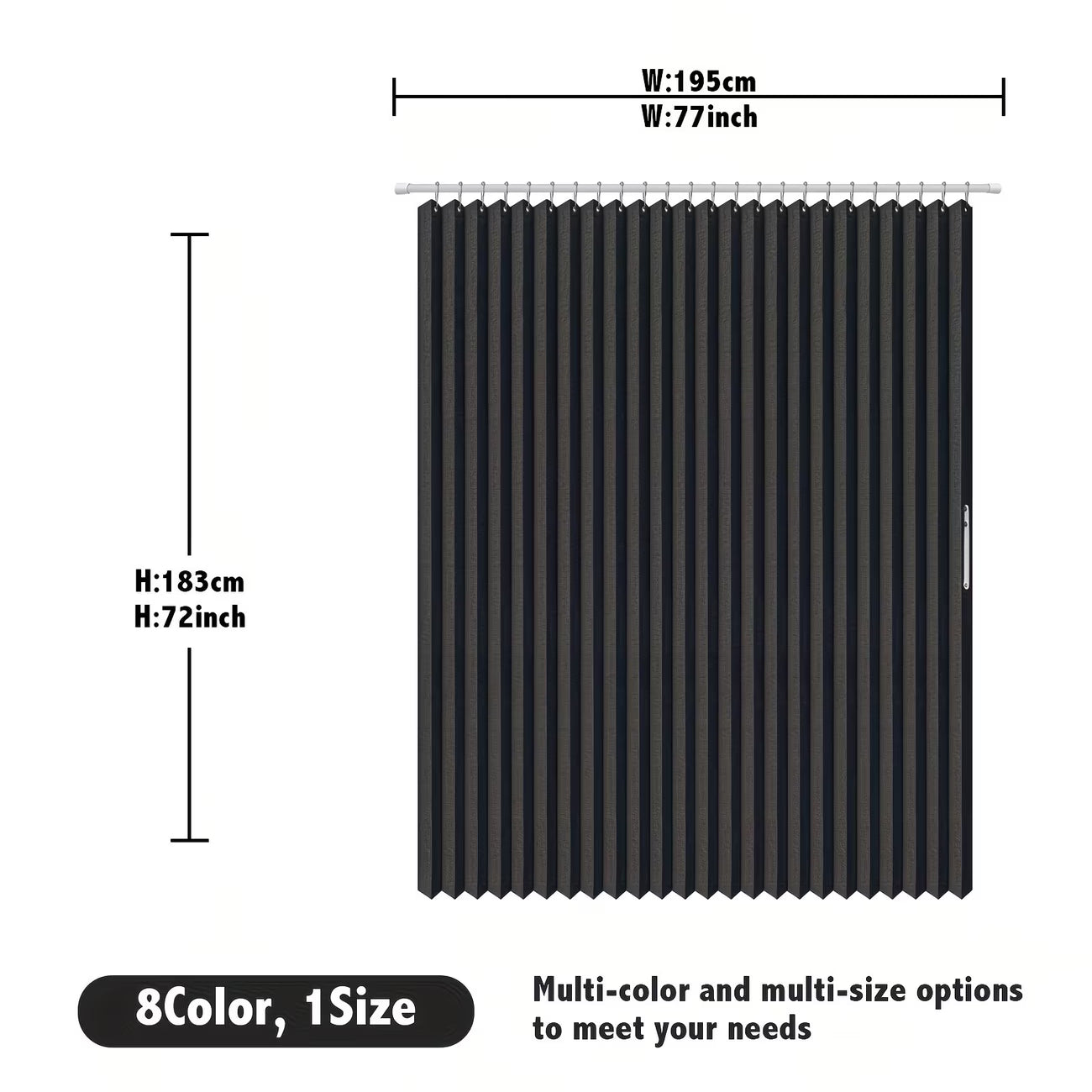 Black pleated curtain with measurements on a white background