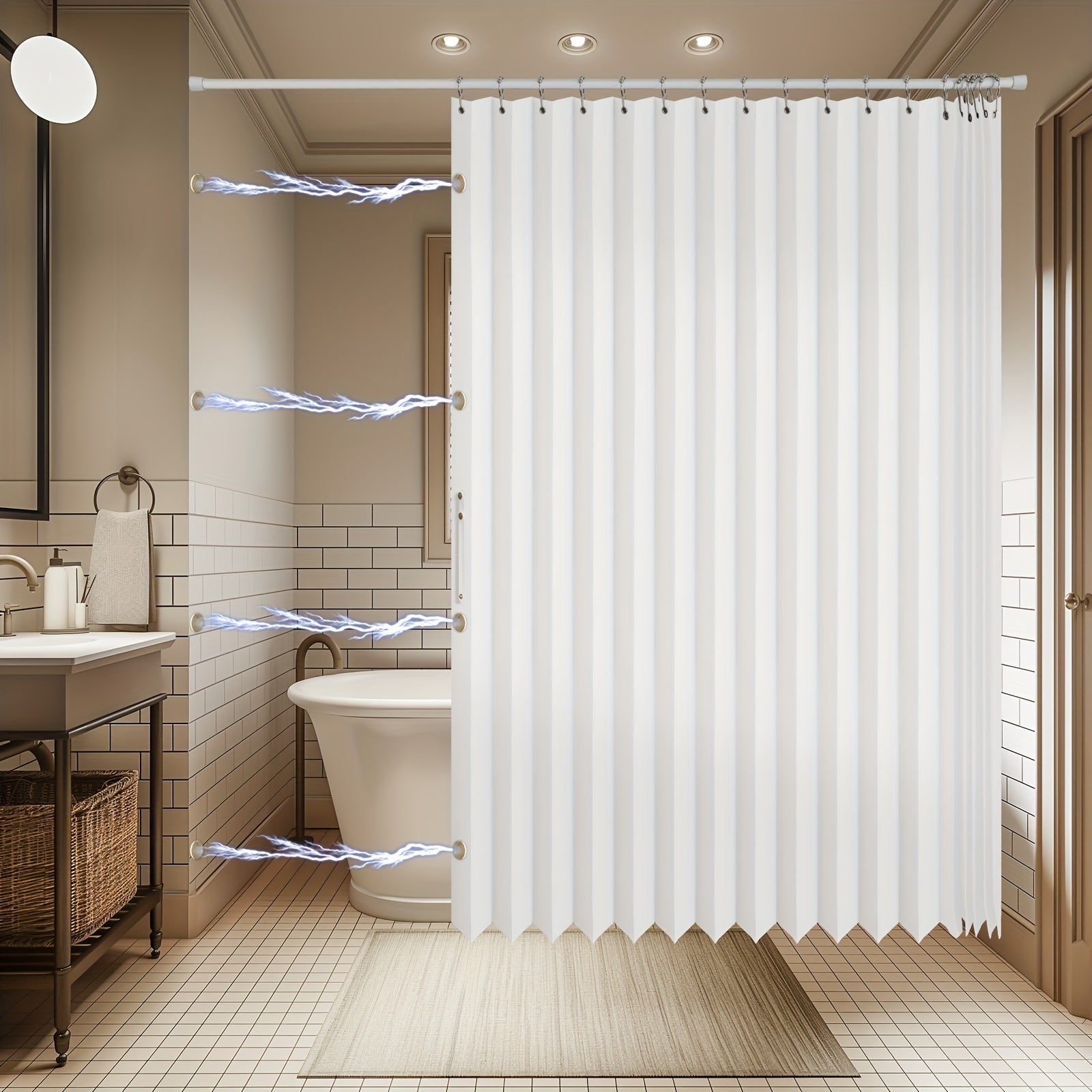 Bathroom with a white shower curtain, toilet, sink, and tiled walls.