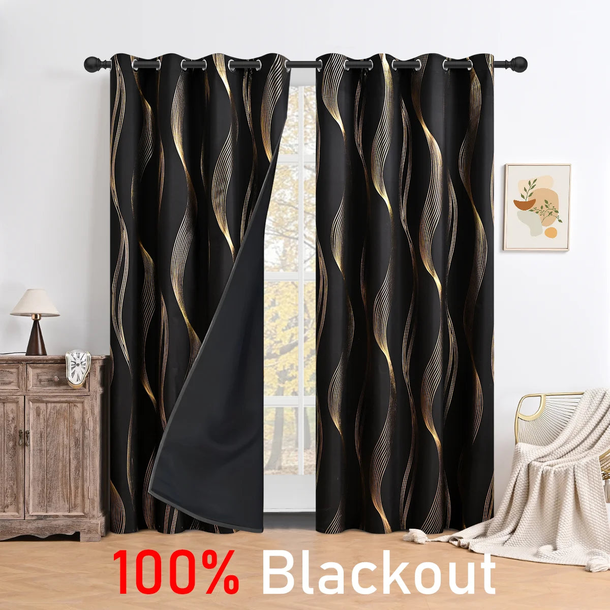Blackout curtains with gold patterns in a room setting