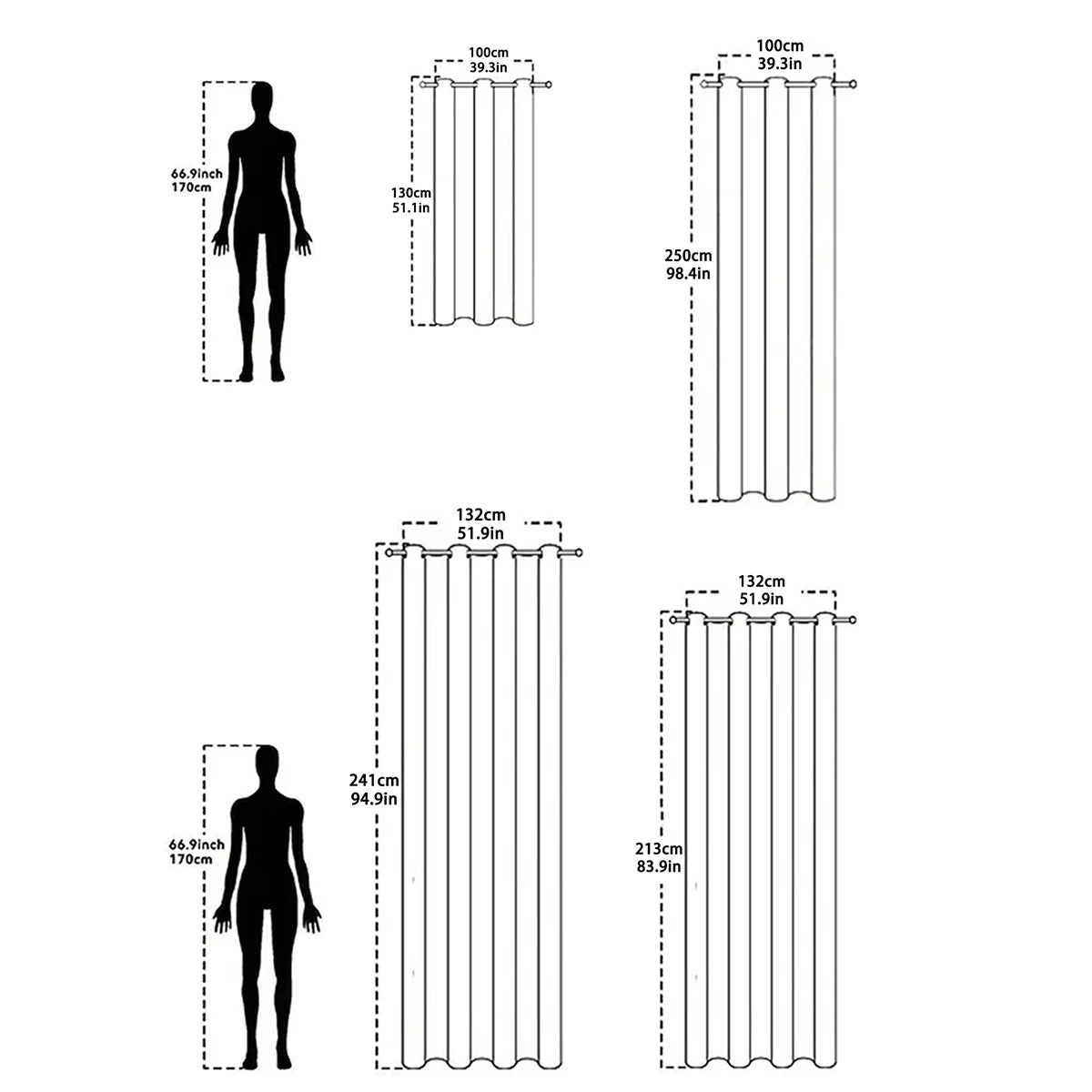 Measurement chart showing curtain dimensions with a human figure for scale.