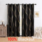 Blackout curtains with gold patterns in a room setting