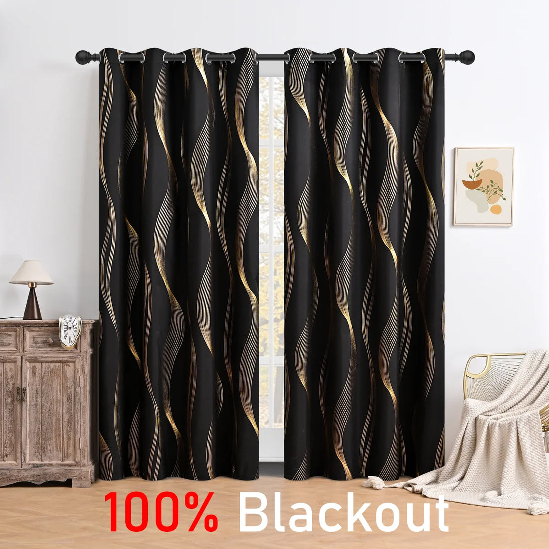 Blackout curtains with gold patterns in a room setting