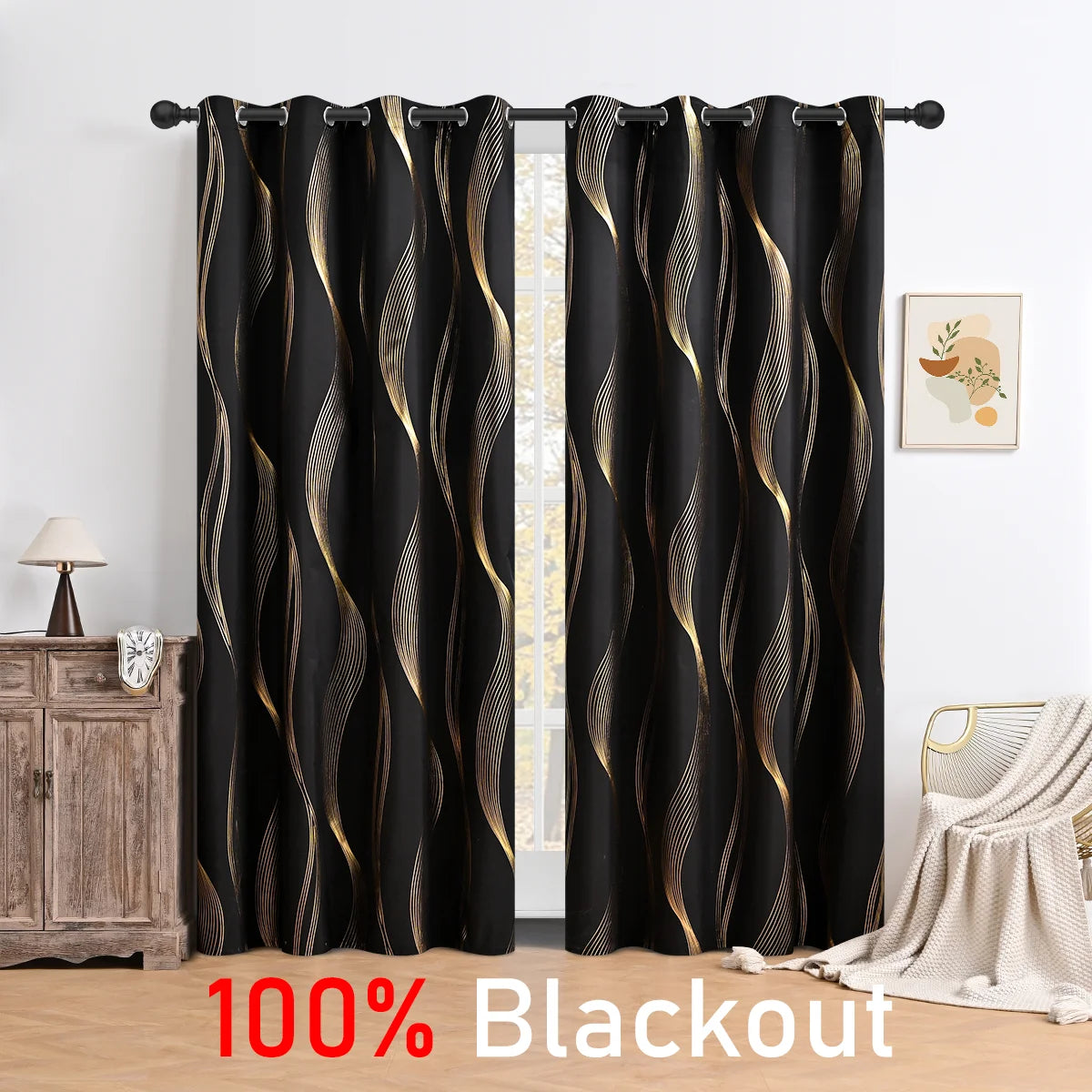 Blackout curtains with gold patterns in a room setting
