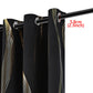 Black curtains with gold geometric patterns and a measurement label on a white background