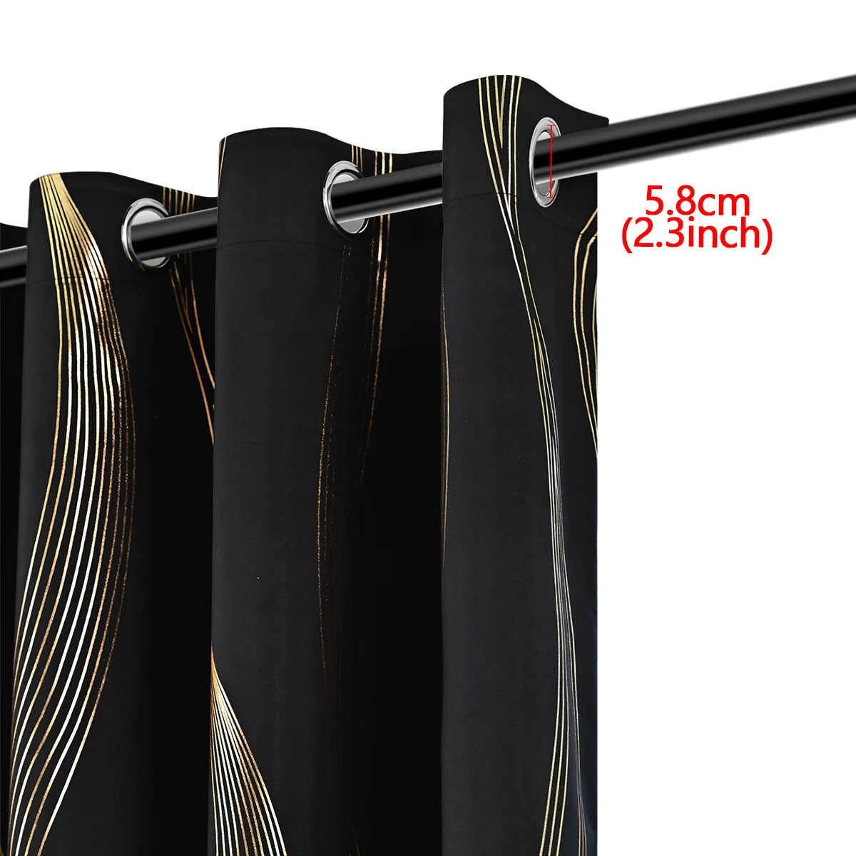 Black curtains with gold geometric patterns and a measurement label on a white background