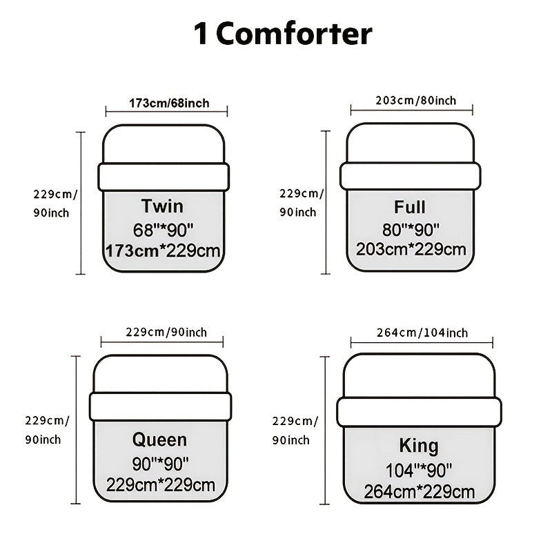 Diagram showing different sizes of comforters with dimensions in centimeters and inches.
