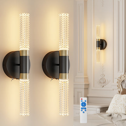 Modern wall sconces with crystal accents in a bedroom setting.