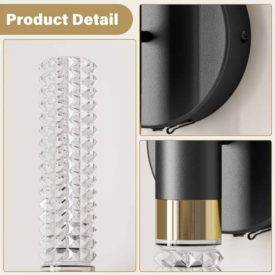 Product detail of a crystal vase with close-up views on a neutral background