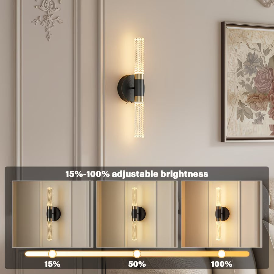 Wall-mounted light fixture with adjustable brightness indicator on a wall with decorative elements.