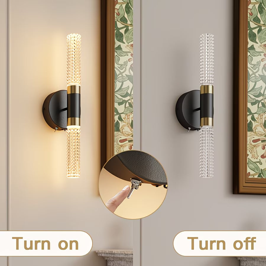 Wall-mounted sconces with a switch labeled 'Turn on' and 'Turn off' in a decorative setting.