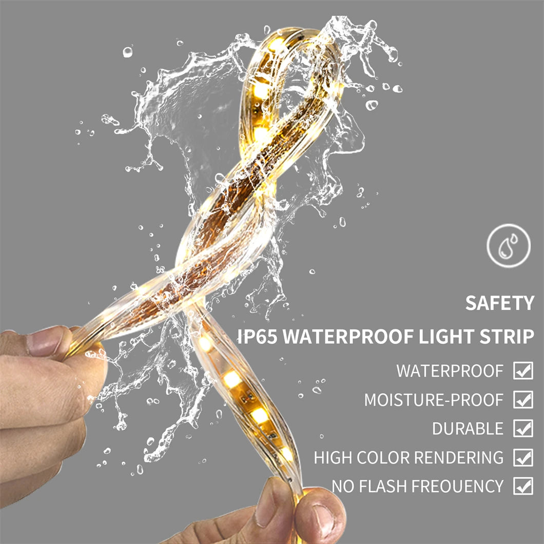 Waterproof light strip being held with water splashes, safety features listed 
