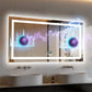 Bathroom with a large illuminated mirror displaying music notes and speakers.
