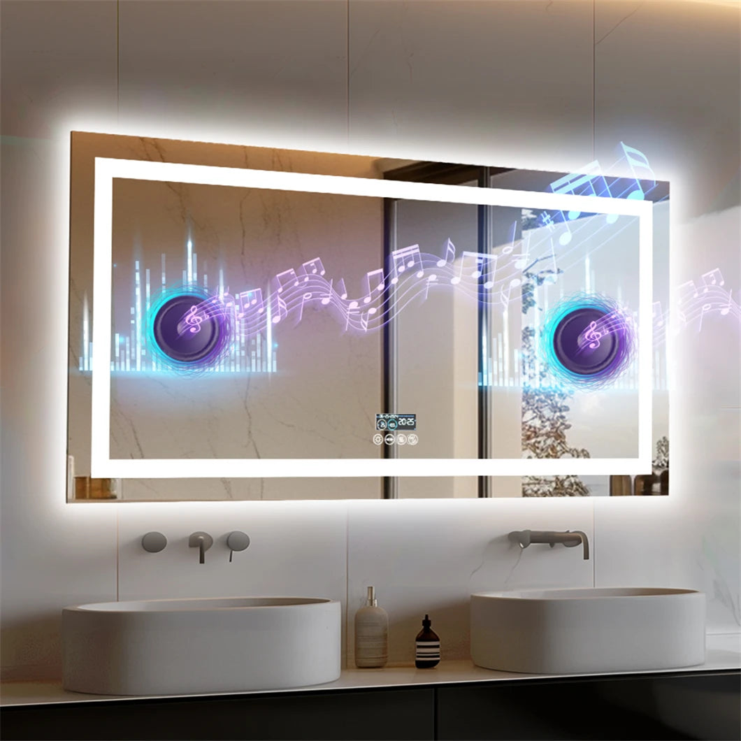 Bathroom with a large illuminated mirror displaying music notes and speakers.