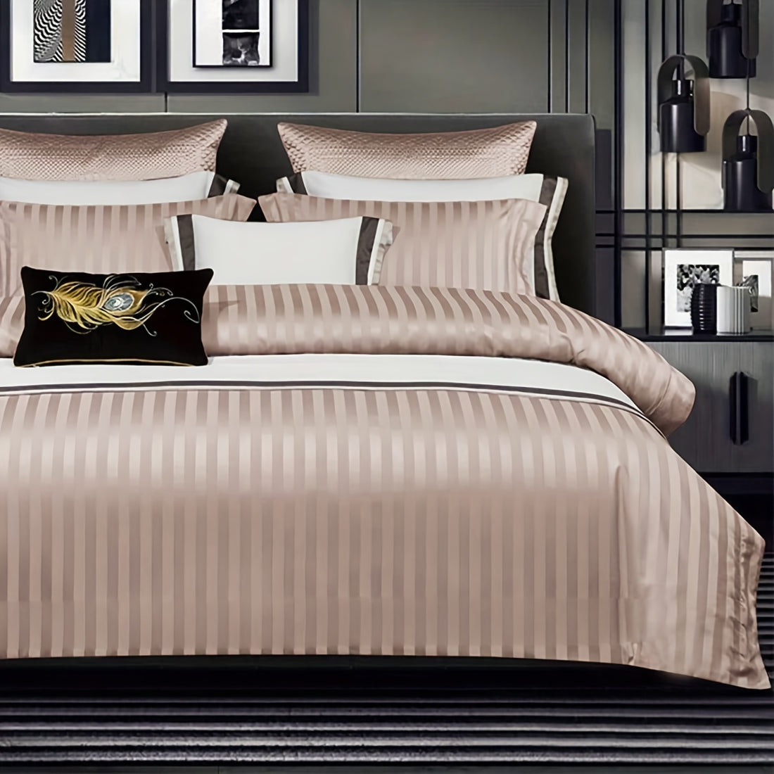 Neatly made bed with striped bedding and decorative pillows in a bedroom setting.