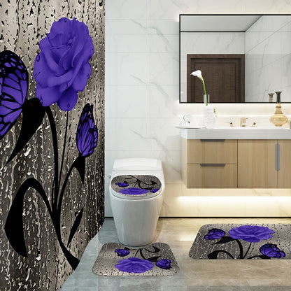 Bathroom with decorative purple flowers and black butterflies on bath mats.
