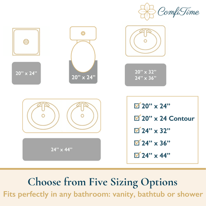 Sizing chart for bathroom fixtures with dimensions and options on a white background.