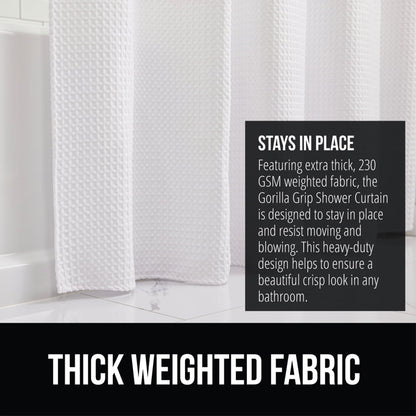 White shower curtain with text about thick weighted fabric and grip