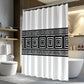 Shower curtain with black geometric pattern in a bathroom setting