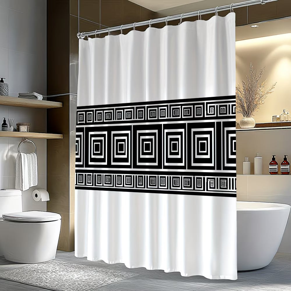 Shower curtain with black geometric pattern in a bathroom setting