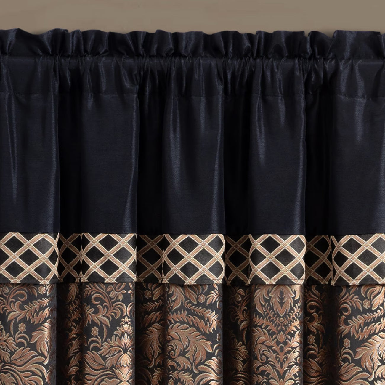 Black curtain with gold and brown decorative patterns