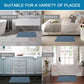 Blue bath mat shown in various rooms including a bathroom, bedroom, kitchen, and entryway.