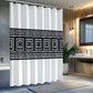 Bathroom with a white shower curtain featuring black geometric patterns.