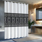 Shower curtain with black geometric pattern in a bathroom setting