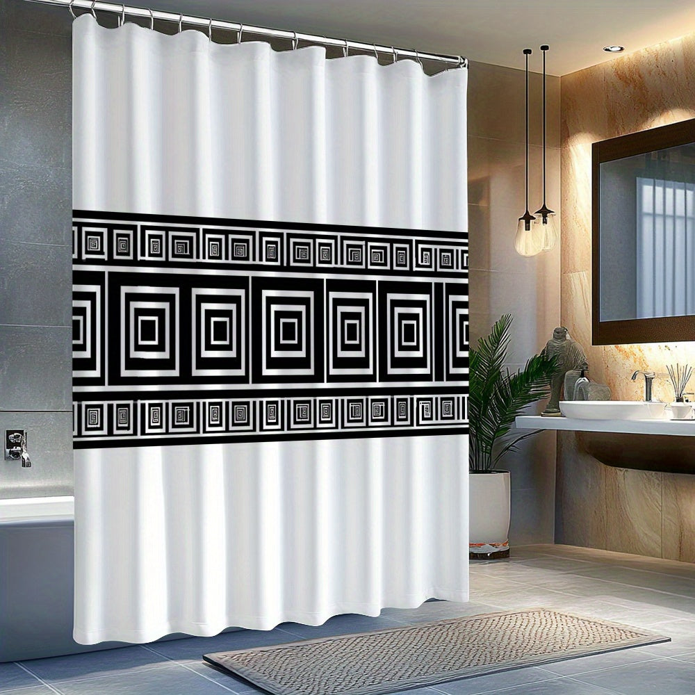 Shower curtain with black geometric pattern in a bathroom setting